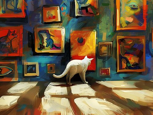 White cat in the library - looking at an art work