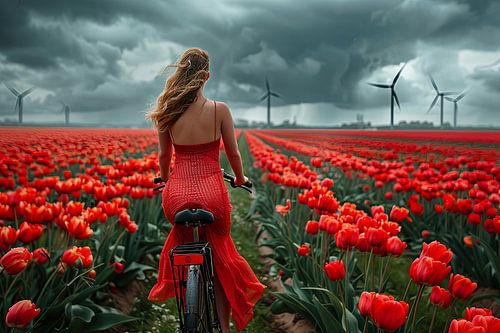 woman cycles through tulip field