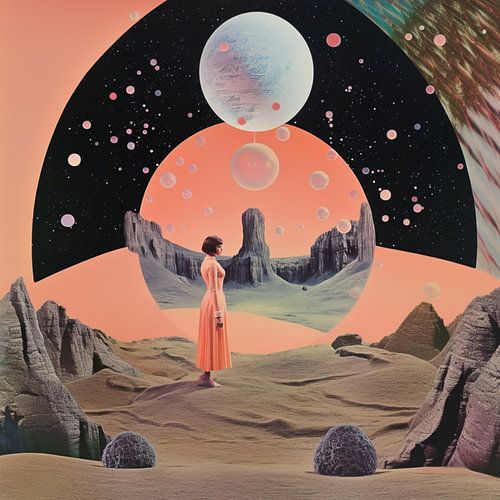 A Woman in a Desert Landscape with Cosmic Elements