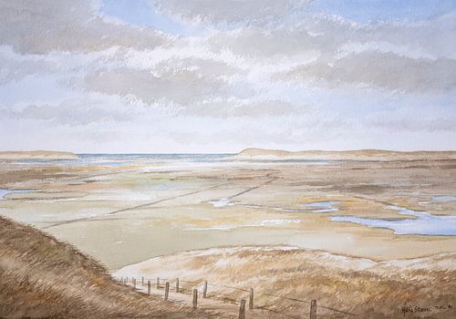 Paysage de dunes et vue sur De Slufter et la mer du Nord à Texel - aquarelle sur Galerie Ringoot