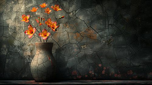 Vaas met oranje en roze bloemen panorama