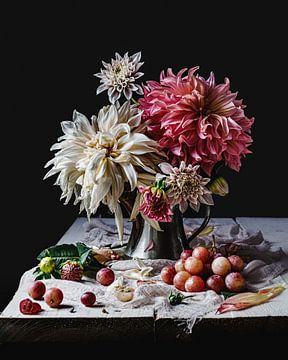 Dahlias still life on table by Alessandra Mignardi