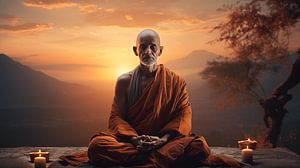 Hinduistischer Mönch meditiert in einem Tempel mit Berglandschaft im Hintergrund