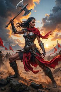 Dark Fantasy Wandbild: AXORYA – Die Kriegerin mit der Doppelaxt in der Schlacht