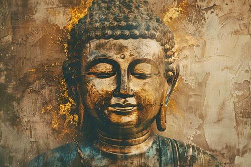 Vergulde Boeddha op artistiek bewerkte achtergrond