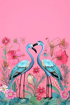 Roze Pop Art: Flamingos & Bloemen van Surreal Media
