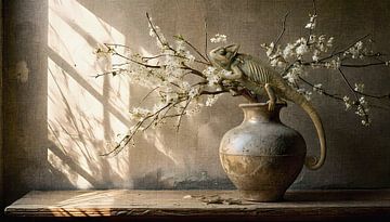 Caméléon avec vase et fleurs blanches - panorama de style vintage