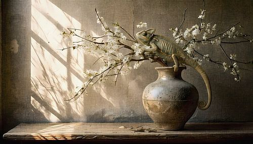 Kameleon met vaas met witte bloemen - panorama in vintage stijl