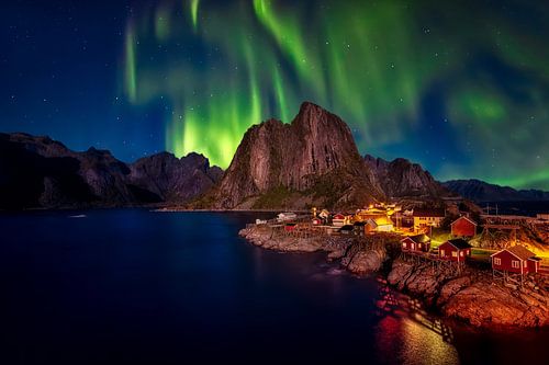 Het noorderlicht in Lofoten, Norway van Roy Poots