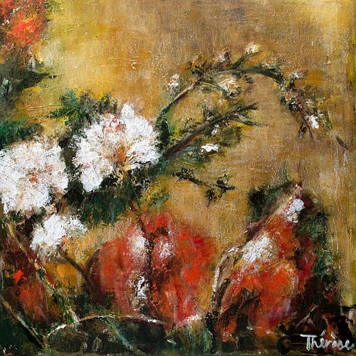 Bloemenschilderij oranje/okergeel.