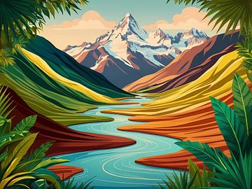 Kronkelige rivier door een levendige vallei van Artistic