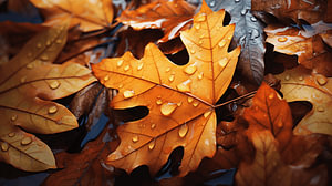 Herbstblätter auf dem Boden mit Regentropfen