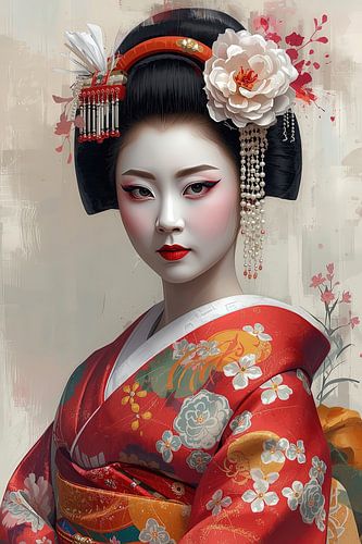 Waterverf Geisha in Pastelkleuren.
