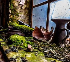 Zerbrochenes Geschirr und Moos am Fenster – Die Natur erobert den Lost Place von InfiniteArtLabs