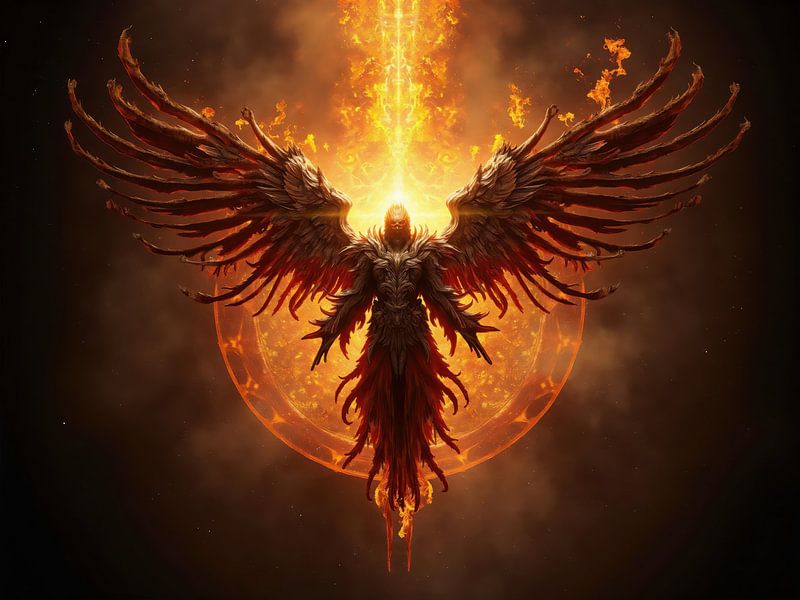 Majestic angel with fiery wings descending from celestial fire by Markus Gann