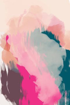 Abstract schilderij in pastelkleuren. Roze, neonroze, blauw, zalmroze, bruin. van Dina Dankers