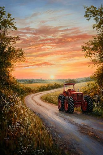 Rode tractor bij zonsondergang