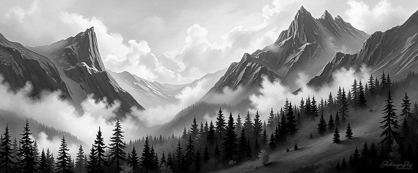 Paysage de montagne en noir et blanc - Une trilogie de trois images (2 de 3) par AidasignArt