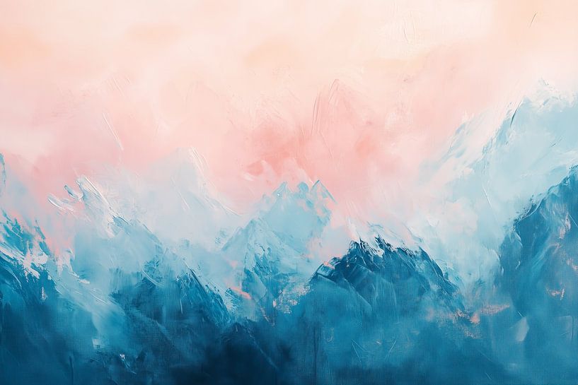 Verträumte Berge: Abstraktes Kunstwerk in Pfirsich- und Blautönen von Thea