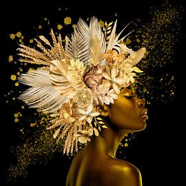Floral Portrait Schwarz & Gold Hintergrund schwarz mit Goldglitter - Square-02 von Nancy Bastiaansen