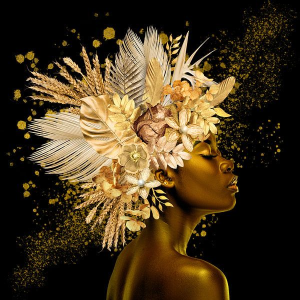 Floral Portrait Schwarz &amp; Gold Hintergrund schwarz mit Goldglitter - Square-02 von Nancy Bastiaansen