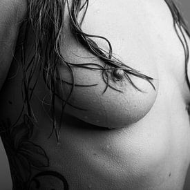 Un corps de femme nue avec des gouttes d'eau sur son corps et ses cheveux mouillés sur ses seins. sur Retinas Fotografie