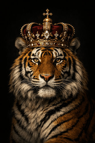 Royal Tiger Portrait – Majestueuze Tijger met Gouden Kroon
