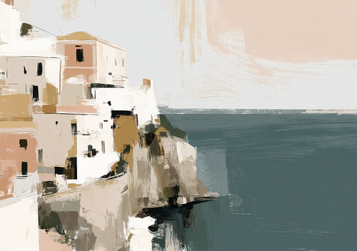 Abstract coastal landscape with light-coloured houses by the sea by Niklas Maximilian
