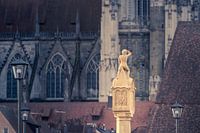 Bruckmandl op de stenen brug in Regensburg met de kathedraal op de achtergrond