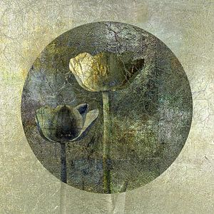 Tulpen auf Metall. Grün, Bronze und Silber.