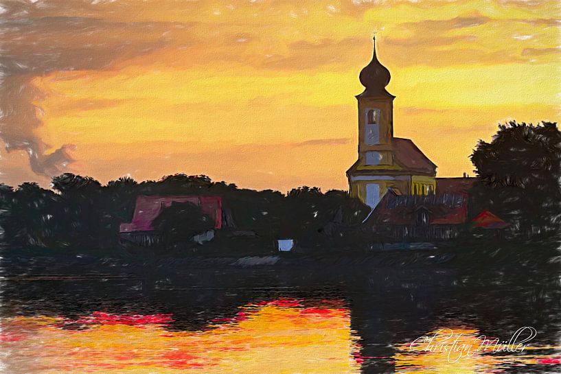 Künstlersiche Landschaft / Kirche mit Sonnenaufgang von Christian Mueller