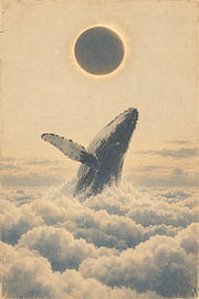 Une baleine au-dessus des nuages, sous un soleil sombre