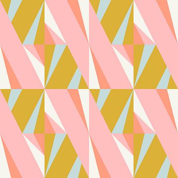 Retro geometrie met driehoeken in Bauhaus-stijl in roze, geel, blauw van Dina Dankers
