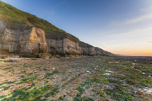 Spectaculair kustlandschap van Normandië met indrukwekkende witte krijtrotsen, drooggevallen kustlijn en gouden avondlicht tijdens eb in Frankrijk