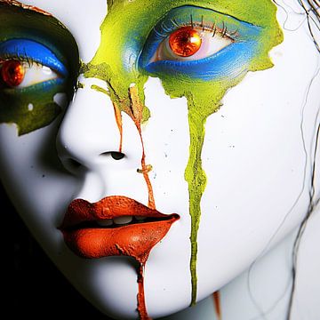 Painted Tears -  Portret van een Vrouw met Kleurrijke Tranen van Karina Brouwer