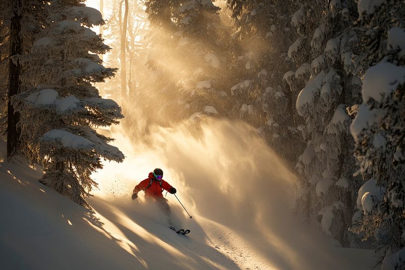 Skiers in the wintry forest light by Poster Art Shop