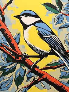 Mésange bleue Oiseau chanteur stylisé Branche Feuilles graphique bleu jaune