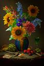 Stilleven Oogsttijd met zonnebloemen en pruimen van Willy Sengers thumbnail