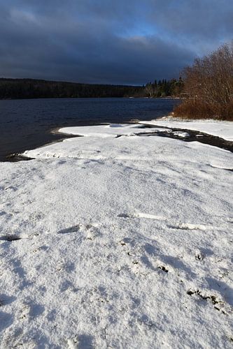 De eerste sneeuw op het meer in de winter