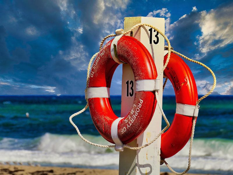 De foto toont twee felrode reddingsboeien van HGU Foto