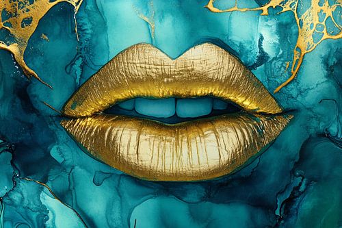 Gouden lippen op turquoise achtergrond