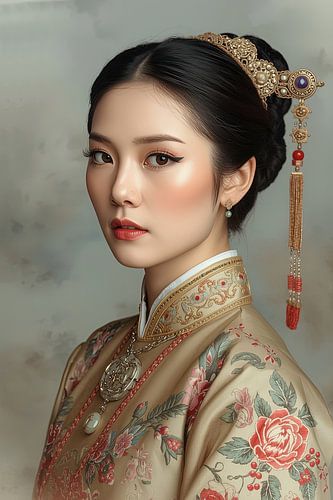 Original chinesische Frau in traditioneller Kleidung und Schmuck aus dem 18. Jahrhundert.