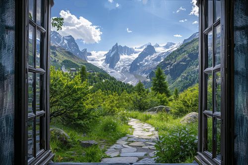 Uitzicht vanuit het raam op de Alpen