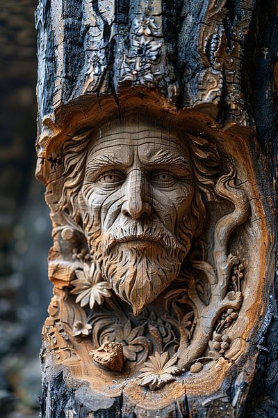 Wood carving of a face in a tree trunk by Art & Soul Creations