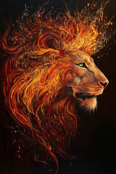 Vurige leeuwenkop in het donker van Poster Art Shop
