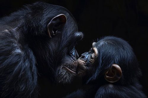 Moving portrait of chimpanzees in black and white