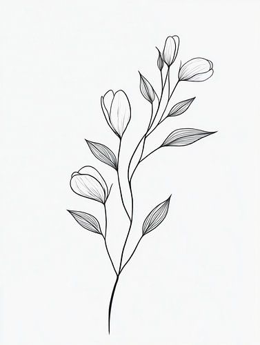 Élégant dessin au trait en noir et blanc représentant une branche fleurie délicate