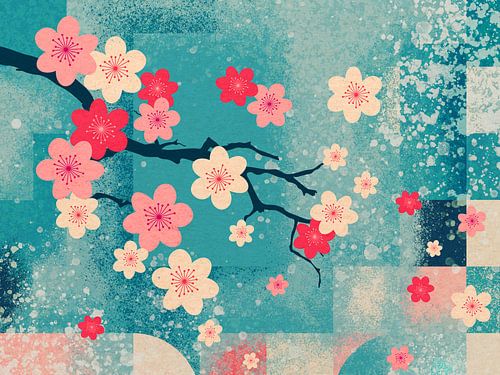 Fleurs de cerisier en fleurs devant un ciel abstrait sur Mixed media vector arts