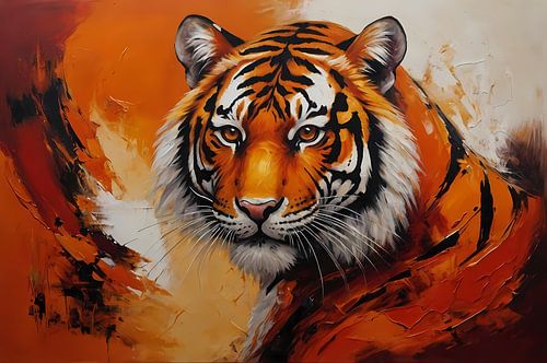 Oranjerood Schilderij van een Majestueuze Tijger