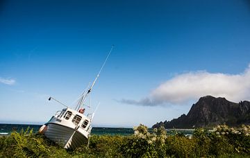 Bateau de pêche sur la terre ferme dans les Lofoten, Norvège, photo print sur Manja Herrebrugh - Outdoor by Manja